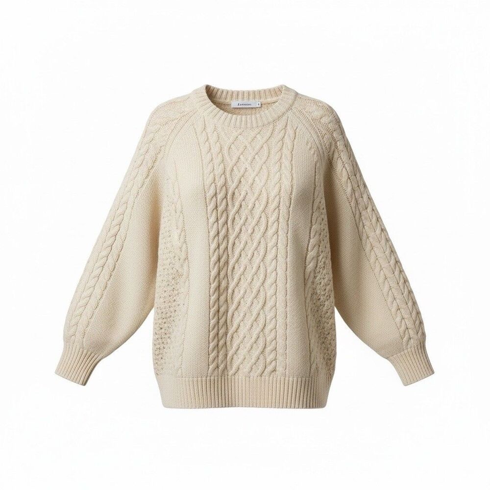 Anrabess‎ Men’s Long Length Ivory Acrylic Fisherman Sweater Crewneck Size Large